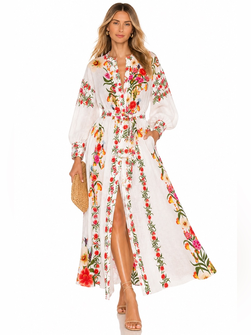 Borgo de Nor 100% Linen Floral Maxi Shirt Dress Size 14 Belted Resort Boho